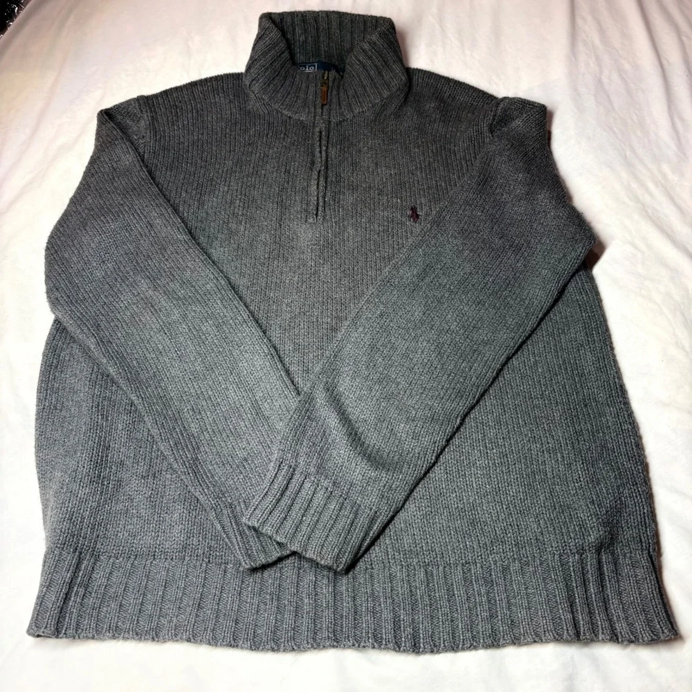Polo Ralph Lauren Mens Grey 100% Cotton Quarter Zip Shaker Knit Sweater Large